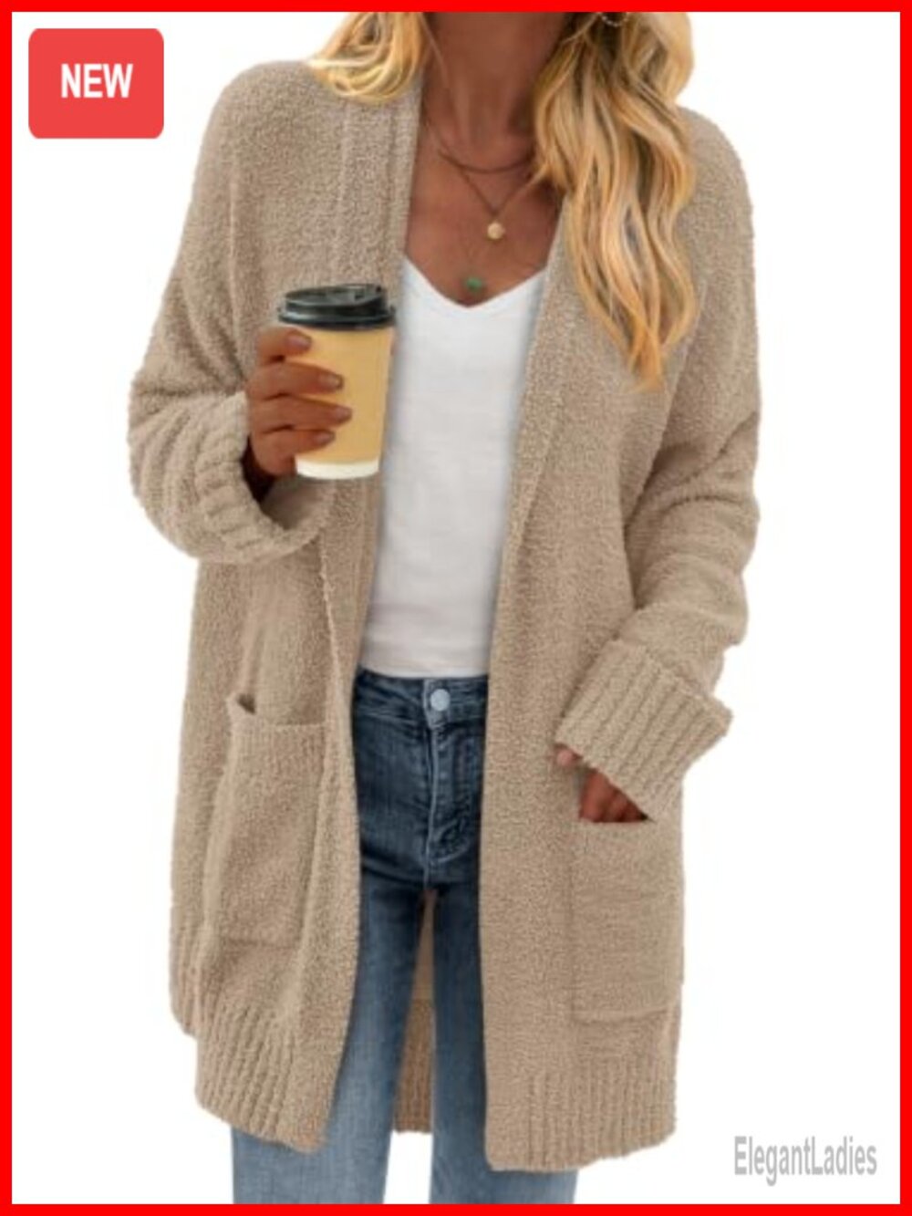 Chunky Fuzzy Knit Open Front Cardigan Long Sleeve